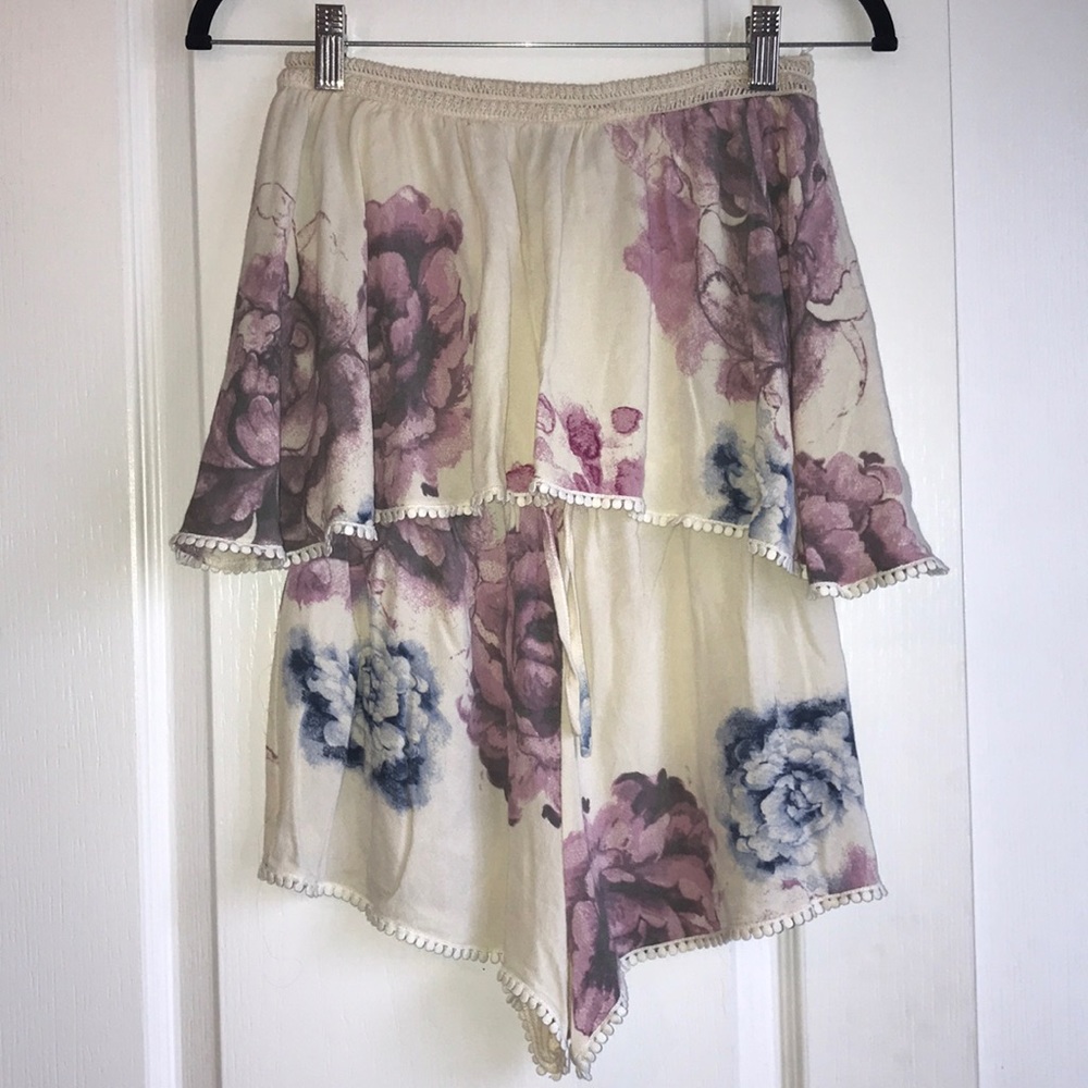 Cream and Floral Strapless Romper